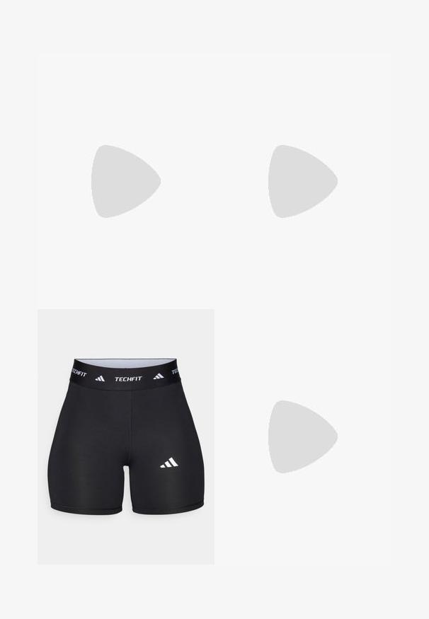 On MOVEMENT CROP - Top - hunter; Black shorts made from stretchy fabric with a fitted design. Features a wide black waistband labeled "TECHFIT" and a white logo on the leg.; Black running shoe with a breathable mesh upper, rounded toe, sleek design, textured accents, and a cushioned sole for comfort.; Black nylon crossbody bag with adjustable strap, textured surface, zip pockets, and bungee cord detailing. Logo printed on the front.