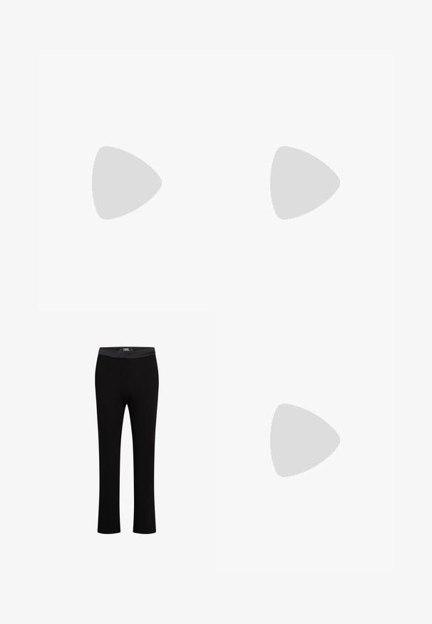 Tricou din bumbac lavandă, cu mâneci scurte, decolteu rotund și un logo negru "karl lagerfeld jeans" pe piept.; Pantaloni negri dintr-un material neted, cu croi drept și talie elastică. Include detalii cu cusături verticale.; Pantofi cu toc slingback din piele neagră, cu vârful ascuțit, toc subțire și detaliu decorativ cu cataramă pe partea din față. Textură netedă și design elegant.; Geantă de umăr din piele neagră cu un design structurat, accente din lanț și mânere, și o suprafață texturată. Are un sistem de închidere cu clapetă, cu marcajul vizibil.