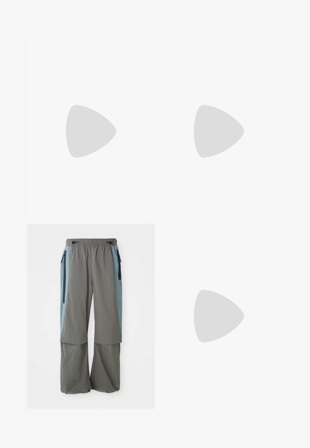 Weekday OVERSIZED LONG SLEEVE  - Tops ar garām piedurknēm - white; Pelēki āra bikses ar plašu kāju dizainu, kam ir tumši zilas sānu paneļi un ar rāvējslēdzējiem aizveramas kabatas. Izgatavotas no viegla, elpojoša materiāla.; Brūni sporta apavi, kas veidoti no miksa zamšiem un auduma, ar baltu Nike žaketu un strukturētu gumijas zoli.; Melnas saulesbrilles ar taisnstūra formu, tumšiem stenģiem, sudraba akcentiem pie tempļiem un matētu apdari uz rāmja.