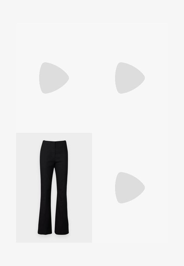 Kurzärmliges, rundhalsiges Top aus weichem, off-white Stoff, das an der Seite mit einer gerafften Gestaltung für eine formgebende Wirkung und einer glatten Textur versehen ist.; Schwarze, ausgestellte Hosen mit glatter Textur und tailliertem Schnitt. Sie haben eine hohe Taille und ein minimalistisches Design. Keine sichtbaren Muster oder Hardware.; Spitz zulaufender Slingback-Schuh aus cremefarbenem Leder, ausgestattet mit einem niedrigen Absatz und einem ausgeschnittenen Design mit glatter Textur und minimalen Akzenten.; Schwarze Leder-Umhängetasche in Halbmondform, mit strukturiertem Oberflächen, goldfarbenem Reißverschluss und flachem Trageriemen. Kompakte Ausführung, die für die wichtigsten Dinge geeignet ist.