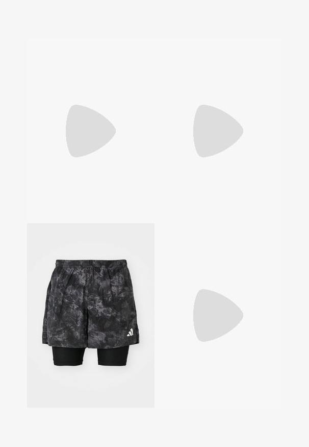 Ærmeløs sports tanktop med et tekstureret print i pastelfarver af blå, grå og grøn, med et fremtrædende hvidt logo.; Sorte træningsshorts med et marmor-mønster og indre kompressionsshorts. Har en elastisk talje og et lille hvidt logo på siden.; Letvægts sportssko med en cremefarvet mesh-overdel, grå striber, en grøn detalje og en struktureret blå hælkappe. Sorte snørebånd.; Sorte solbriller med mat finish, rektangulære linser, let kurve ved templerne, diskret logo detaljer og røgfarvede linser.