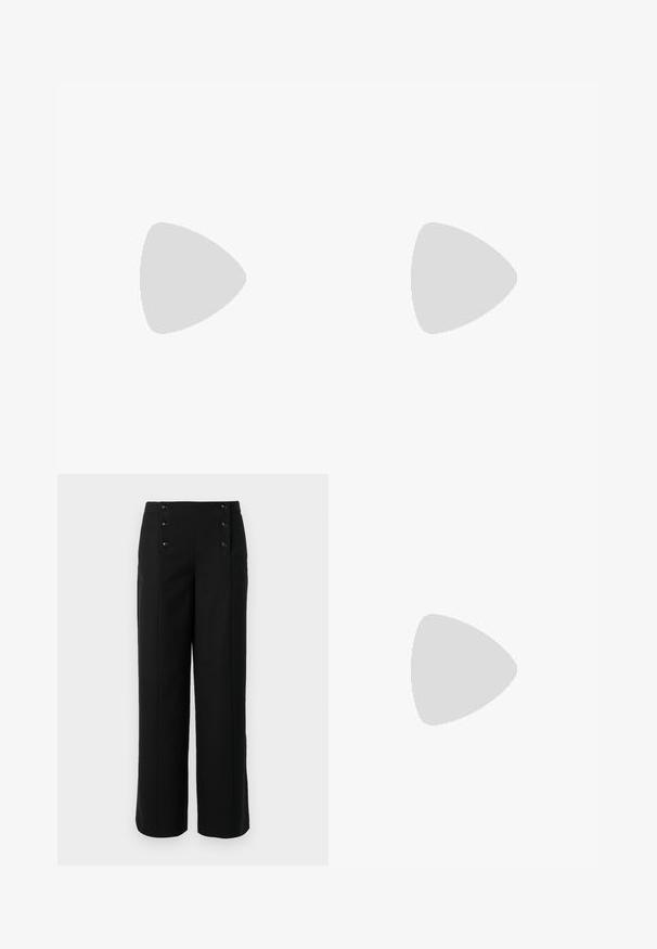 AVAVAV PRINTED  - Camiseta estampada - purple; Pantalones anchos negros hechos de una tela suave, con una cintura alta y cinco botones frontales para el cierre. Diseño elegante y a medida.; Mocasines de ballet de cuero negro con punta afilada, que cuentan con una correa con un cinturón metálico circular y una suela plana.; Bolso de mano de cuero negro con un diseño curvado en forma de concha, que presenta una sola asa y un cierre de cremallera. Textura suave con acentos de costura.