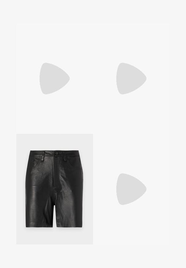 Valge ribidega top, kus on ruudukujuline kaelus ja õhukesed rihmad, mille esiküljel on must "IRO" logo.; Mustad nahast lühikesed püksid sileda tekstuuriga, eesosa on lukuga, nööbi kinnitusega ja klassikalise viie tasku kujundusega.; Mustadest nahast balleti kingad terava varbaga, millel on rihm ümmarguse metallist pandlaga ja lame tald.; Must värvi nahast käekott, millel on kaarjas disain, hõbedased nupukesed, kinnitusahe ja kaks külgtaskut. Reguleeritav rihm erinevate kandmisvõimaluste jaoks.