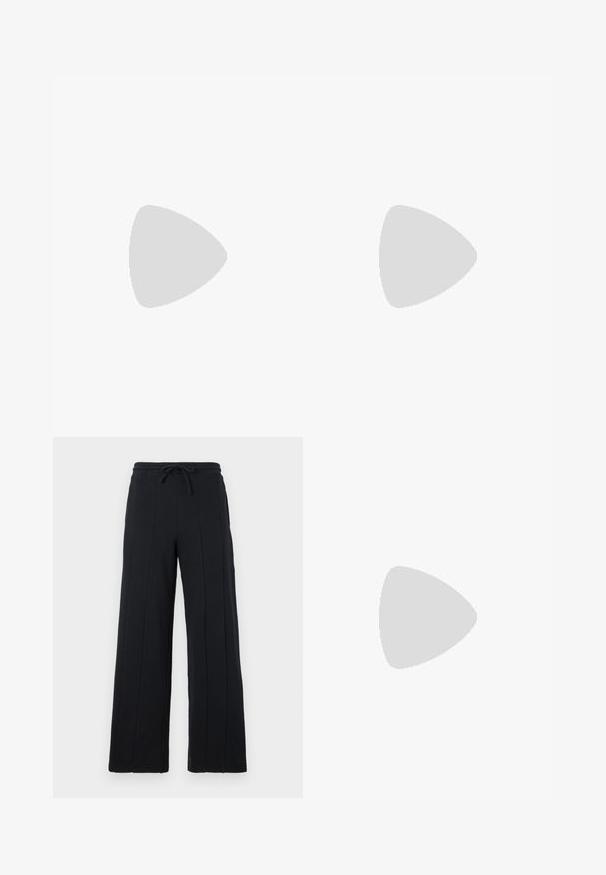 Krémové bavlněné tričko s krátkým rukávem. Na levé straně hrudi se nachází malé černé logo. Jednoduchý, nesložitý design, kulatý výstřih.; Černé kalhoty s širokým střihem vyrobené z měkké látky, s páskem na stažení a vertikálním švem na přední straně.; Bílé tenisky se semišovými prvky, kulatou špičkou, plochými tkaničkami a krémovou gumovou podrážkou. Na patě mají zelené logo.; Černá kožená kabelka přes rameno s přední zipovou kapsou, embosovaným logem a nastavitelným popruhem. Hladký povrch s pevnou strukturou.