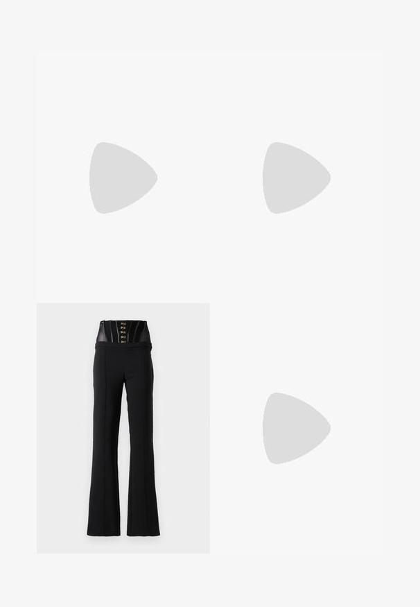 Black bodysuit featuring mesh fabric, structured cups, vertical panels with glossy accents, and a scoop neckline.; Black high-waist pants with a built-in black corset featuring hook-and-eye closures and vertical seam details.; Black leather ankle boot with a pointed toe, high stiletto heel, fold-over cuff, and a gold decorative buckle detail on the ankle.; Black sequin mini handbag with a knotted textured strap and silver chain. Rounded shape with gathered top and reflective detailing.