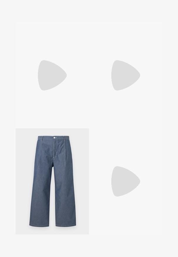 Gray short-sleeve t-shirt made of cotton; features a subtle logo in orange and burgundy on the chest. Basic crew neck design.; Lightweight denim trousers in a dark blue shade, featuring a high waist, wide legs, front pleats, and a button closure.; White sneaker with black stripes and gold branding. Features suede and leather materials, perforated upper, and textured rubber sole.; Sport sunglasses with a black frame, blue mirrored lens, angular shape, and rubber nose pads for grip. Lenses feature a gradient tint.