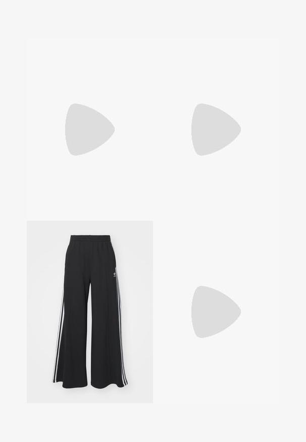 Sorte langermet topp med høy hals, med gjennomsiktige grå ermer og en glatt svart kropp. Designet med en tettsittende silhuett.; Svart vide joggebukser med elastisk midjebånd, med hvite sidestriper og brodert logo på venstre lår.; Svarte sneakers i semsket skinn med hvite striper og detaljer, rund tå, yttersåle i gummigummi, kombinert med hvite ribbestrikkede crew-sokker.; Blå frynset skjerf laget av myk stoff; har en ensfarget overflate med en teksturert overflate og jevnt klipte frynser nederst.