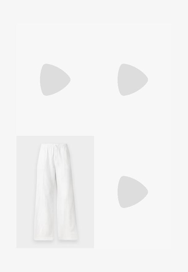 White cotton t-shirt with red crew neck, featuring a graphic of a bird, “Rolling Stones '72” text, and “LA” design elements in various colors.; White linen wide-leg pants with an elastic waistband and drawstring, featuring side seams and a smooth texture. No pockets.; Beige ballet flats with a pointed toe, a mesh design overlay, and a side buckle strap. Flat sole with a smooth texture.; Red textured leather shoulder bag with a long strap and gold hardware, featuring a curved flap closure and a structured silhouette.