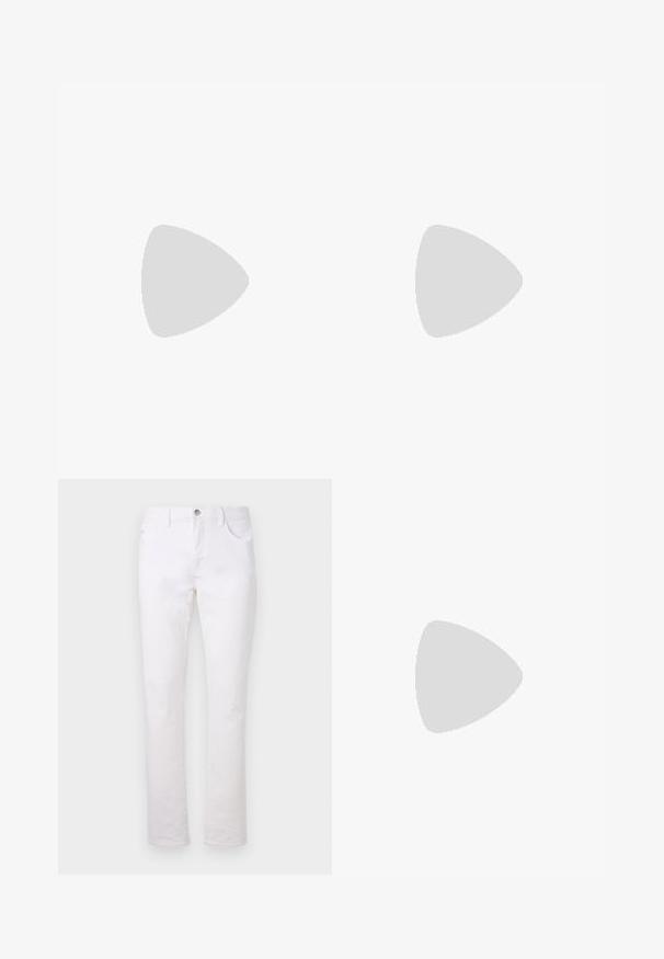 Black t-shirt featuring a horizontal, multicolored line design in blue, orange, and yellow. Short sleeves and a crew neck.; White denim jeans with a straight leg design, featuring two front pockets, a back pocket, and a metal button closure at the waist.; White sneaker with suede accents, rounded toe, flat laces, and a cream rubber sole. Features green branding on the heel.; Vivienne Westwood CITY BUMBAG UNISEX - Bum bag - black