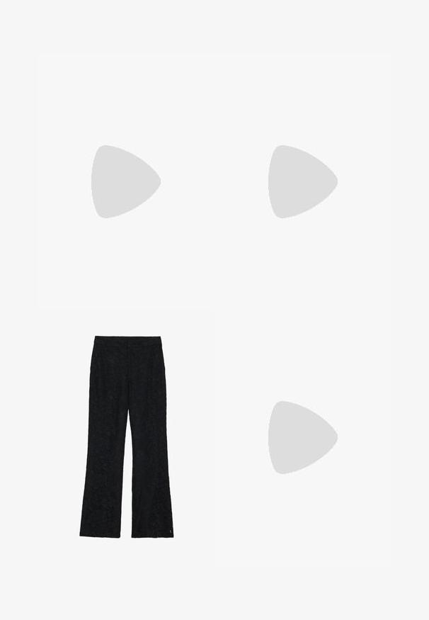 Gray long-sleeve ribbed top with scalloped neckline and lace-accented cuffs featuring a textured pattern.; Black lace pants with a flared design, featuring a floral pattern throughout the fabric. Smooth texture with a fitted waistline.; Black patent leather ankle boots with a block heel, lace-up front, and elastic side panels for easy wear. Rugged sole for traction.; Black handbag with textured surface, dual top handles, and adjustable shoulder strap. Features gold-tone hardware and side pockets.