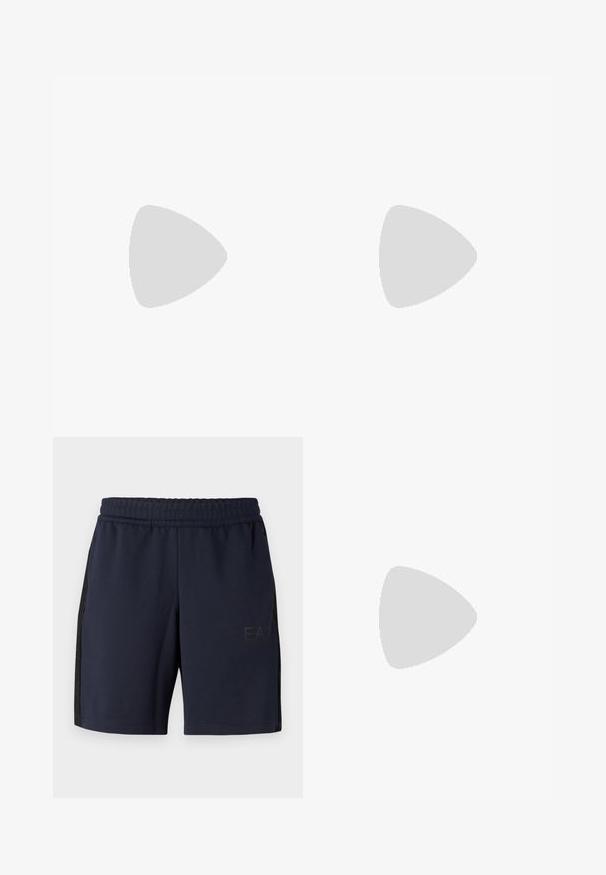 Black long-sleeve polo shirt made of cotton, featuring a three-button placket and a contrasting yellow embroidered logo on the chest.; Navy athletic shorts made of breathable fabric with an elastic waistband, featuring side mesh panels and a logo on the lower front.; White leather sneaker with a smooth finish, round toe, flat laces, and a textured sole. Features a subtle logo on the heel.; Blue structured crossbody bag made of textured material, featuring a zip closure, front pocket, and adjustable strap with "EMPOR" branding.