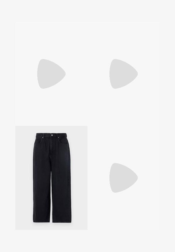 Cămașă T-shirt neagră din bumbac, cu mâneci scurte, guler rotund și text alb „Originals Studio” imprimat pe față. Textură netedă, croială lejeră.; Pantaloni din denim negri cu un design drept, dotate cu cinci buzunare, închidere cu nasture și un finisaj curat. Material durabil cu textură mată.; Adidași negri din pânză cu vârfuri din cauciuc alb și șireturi. Cusătura în contrast și ochiurile metalice adaugă detalii. Purtați cu pantaloni bej și o bluză din material negru.; Ochelari de soare negri, dreptunghiulari, cu lentile întunecate, un cadru din plastic neted și un logo subtil pe brațul stâng. Design minimalist.