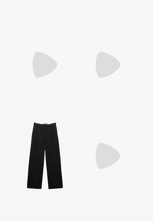 Green cotton polo shirt with a classic collar, short sleeves, five white buttons, and a small blue embroidered logo on the left chest.; Wide-leg black trousers made from smooth fabric. Features front pleats, a waistband with belt loops, and a tailored silhouette.; Black rubber flip-flop sandal with a textured thong strap and simple flat sole, shown from side on a plain light background.; Black woven leather handbag with a curved shape, featuring a thick handle and a zip closure. Textured surface with a glossy finish.