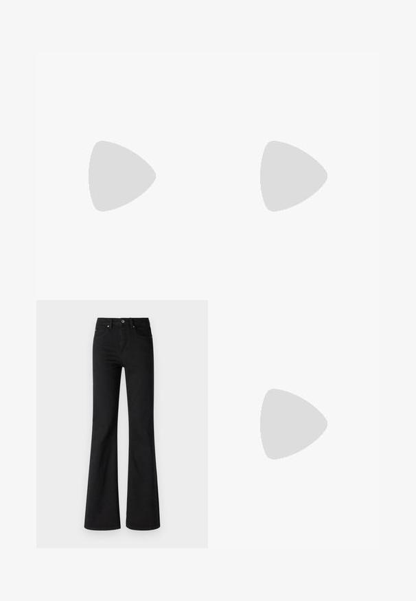 Hvid ærmeløs top med rund halsudskæring, lavet af struktureret stof. Simpelt, udekoreret design med en afslappet pasform.; Sorte buksede jeans i denim med høj talje, der har fem lommer, forreste knap og lynlåslukning, glat tekstur.; Hvide højhælede sandaler med en kraftig hæl, der har et stropdesign og ankelbinding. Glat tekstur med en platform foran for ekstra højde.; Sølvøreringe med en glat, poleret overflade. Rund form, letvægtsdesign med en sikker låsemekanisme.