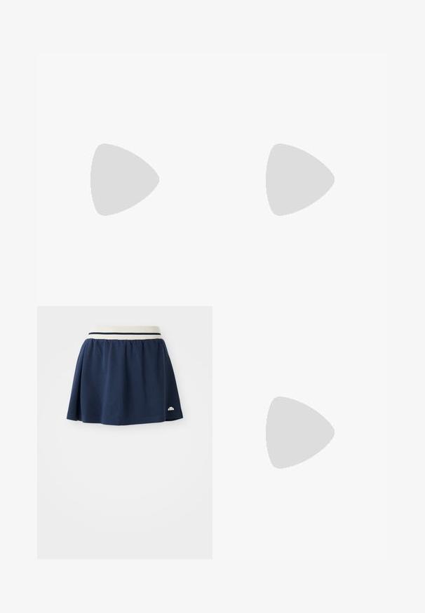 Navy blue cropped polo shirt with a V-neck, white striped collar, and short sleeves, featuring a small logo on the left chest.; Navy blue skirt made of soft fabric with a white elastic waistband featuring two navy stripes and a small logo on the lower hem.; Beige ballet flat with a textured finish, featuring a stylish bow made of sheer fabric at the heel and woven cross straps across the top.; Black leather handbag with a curved shape, slim handle, silver zipper, and Calvin Klein logo on the front. Smooth texture and minimal design.