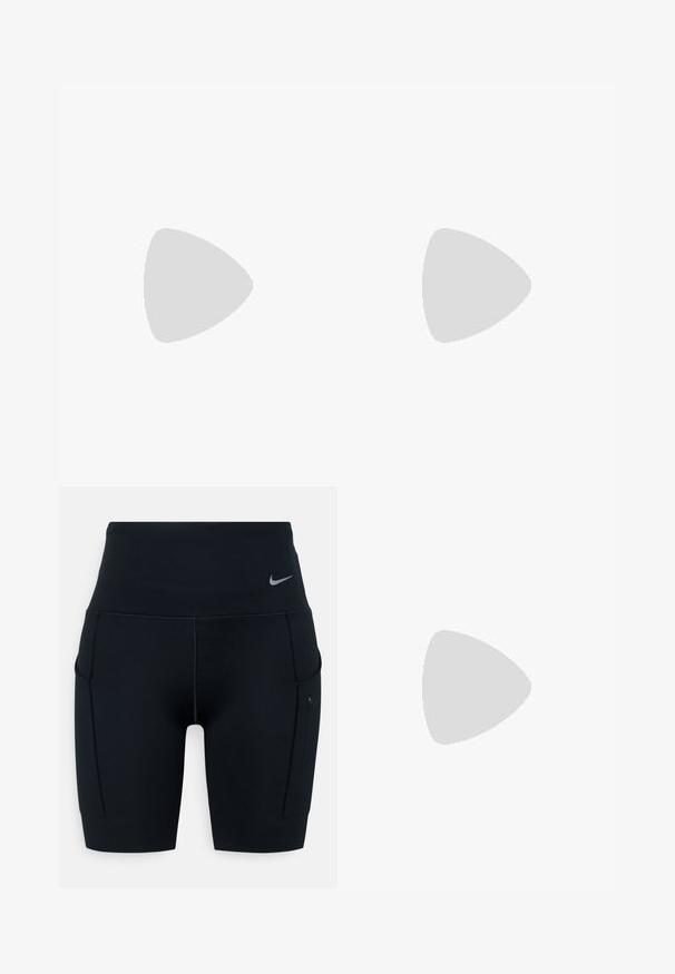 Korte erm T-skjorte i ferskenfarget stoff med knute detaljer foran. Har en liten hvit Nike-logo på brystet.; Svart høyverdig trening shorts laget av elastisk materiale; har sidelommer og en liten Nike-logo på midjen.; Løpesko med en lett kremfarget overdel, blå merkevare og oransje detaljer på sålen. Nettverksstruktur for pusteevne.; Hvitinnrammede solbriller med store gradientlinser som har en rosa til lys oransje nyanse, aksentuert av en blå nesebro og logodetalj.