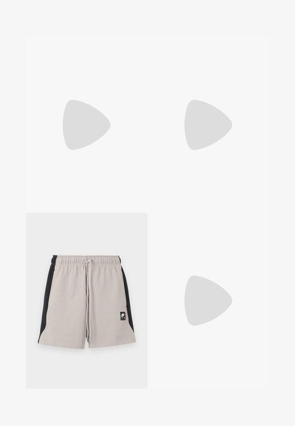 Svart kortermet trøye med en subtil tekstur, en klassisk krage, og hvit "VENTURA" merking på forsiden.; Grå og svarte shorts laget av mykt stoff, med elastisk midjebånd og snøre, sidelommer og et Nike-logo-merke.; Sorte joggesko med en glatt syntetisk overdel, perforerte detaljer, teksturerte sidepaneler og en distinkt fjærende såle.; Sorte, vinklede solbriller med mørke linser, med et dristigt geometrisk design og en mat finish. Båret af en person med kort hår.