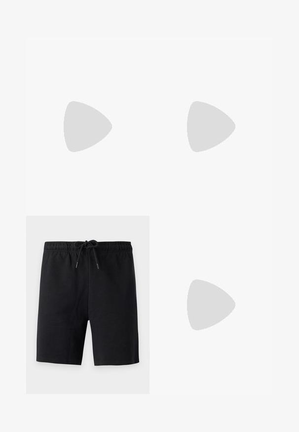 Hvit bomulls t-skjorte med korte ermer og rund hals, med et svart grafisk design i midten som viser abstrakte elementer.; Sorte shorts laget av mykt stoff. Har en elastisk midje med snøring. Enkelt design, ingen synlige mønstre eller detaljer.; Hvit skinnsneaker med svart hæltab, flate lisser, teksturert mellomsåle og merke på utsiden. Designet for uformell bruk.; Sorte skinnhansker med en glatt tekstur, fem fingre og subtile sømdetaljer. Klassisk design, egnet for bruk i kalde værforhold.