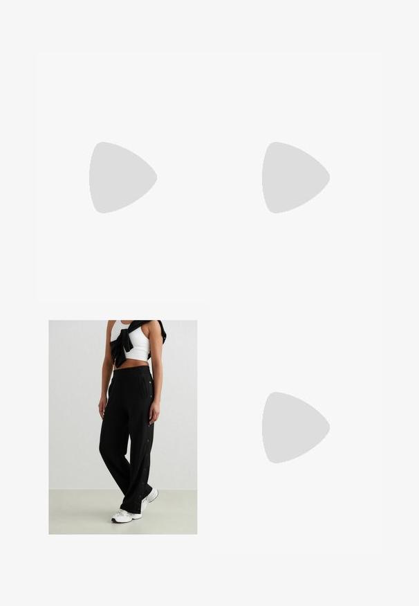 Striped tank top featuring alternating deep red and cream colors, ribbed texture, scalloped neckline, and hem.; Black jogging pants with side snap buttons, elastic waistband, and two side pockets. Fabric appears soft with a smooth texture.; Black patent leather slingback heels with a pointed toe and a geometric block heel. Features a sleek, minimal design and smooth texture.; Black leather tote bag with smooth texture, rectangular shape, and two long handles. No visible hardware or embellishments.