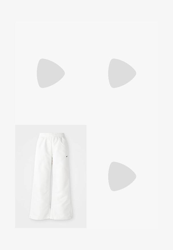 Light yellow ribbed crop top with a round neckline and sleeveless design. Features a label with "URBAN CLASSICS" inside the collar.; White athletic pants with a wide-leg design, elastic waistband, and a small black Nike logo on the left side. Smooth, lightweight material.; White and silver Nike sneakers with mesh fabric, reflective accents, and a beige sole. Worn with black socks, standing on a blue surface.; Brown tortoiseshell sunglasses with a rectangular shape, dark brown lenses, and gold "vogue" branding on the temples.