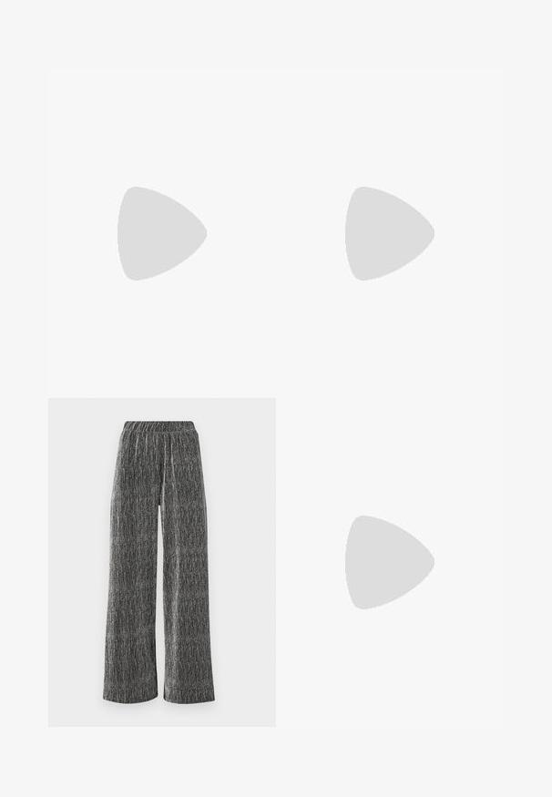 Long-sleeve top in black with silver metallic threading. Features a scoop neckline and a form-fitting silhouette with textured ribbing.; Wide-leg trousers in a textured, black and silver material with a fitted elastic waistband and vertical striped pattern.; Black leather shoes with a rounded toe, thick block heel, and elastic side accents, paired with dark tights and a black skirt with a slit.; Silver hoop earrings with a minimalist design. Circular shape, smooth texture, and thin profile. Lightweight with a polished finish.