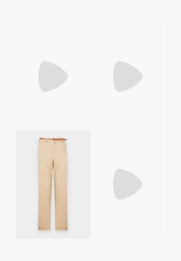 White short-sleeve blouse with a high ruffled collar, featuring eyelet detailing and a structured fit with puff sleeves.; Beige chinos made of lightweight fabric, featuring a straight cut, side pockets, and a brown leather belt with a rectangular buckle.; Black patent leather slingback heels with a pointed toe and a geometric block heel. Features a sleek, minimal design and smooth texture.; Black leather handbag with a curved shape, detachable strap, and gold hardware. The bag features a flap with a buckle detail.