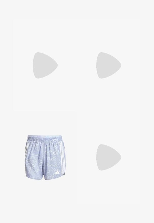 T-shirt à manches longues en bleu clair avec un subtil motif animal. Il présente un col rond et un accent de marque sur la poitrine. Tissu texturé.; Shorts de course bleu clair avec un motif texturé, ornés de rayures blanches sur les côtés et d'une taille élastique étiquetée "COURSE".; Baskets de course blanches avec des rayures noires, des accents vert fluo et un talon rouge. Caractérisées par un design léger et une semelle texturée pour une meilleure adhérence.; Lunettes de soleil avec une monture grise translucide, des verres teintés et un design angulaire. Elles présentent une pièce nasale distinctive et des branches de temple texturées en gris foncé.