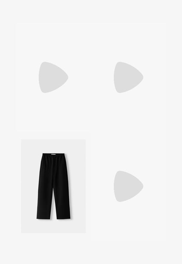 Schwarzes ärmelloses T-Shirt aus Baumwolle, mit rundem Ausschnitt und glatter Textur in geradem Schnitt. Keine sichtbaren Muster.; Schwarze weit geschnittene Hose mit elastischem Taillenbund, seitlichen Taschen und glatter Textur. Entworfen für Komfort und lässige Trage. ; Schwarze Wildledersneaker mit weißen Schnürsenkeln und drei weißen Streifen. Verfügt über ein kreisförmiges schwarzes Logo auf der Zunge und eine Gummisohle.; Metallgestellte Sonnenbrille mit ovalen grünen Gläsern. Dünner silberner Metallrahmen und schwarze Ohrstücke. Minimalistisches Design, keine sichtbaren Logos.