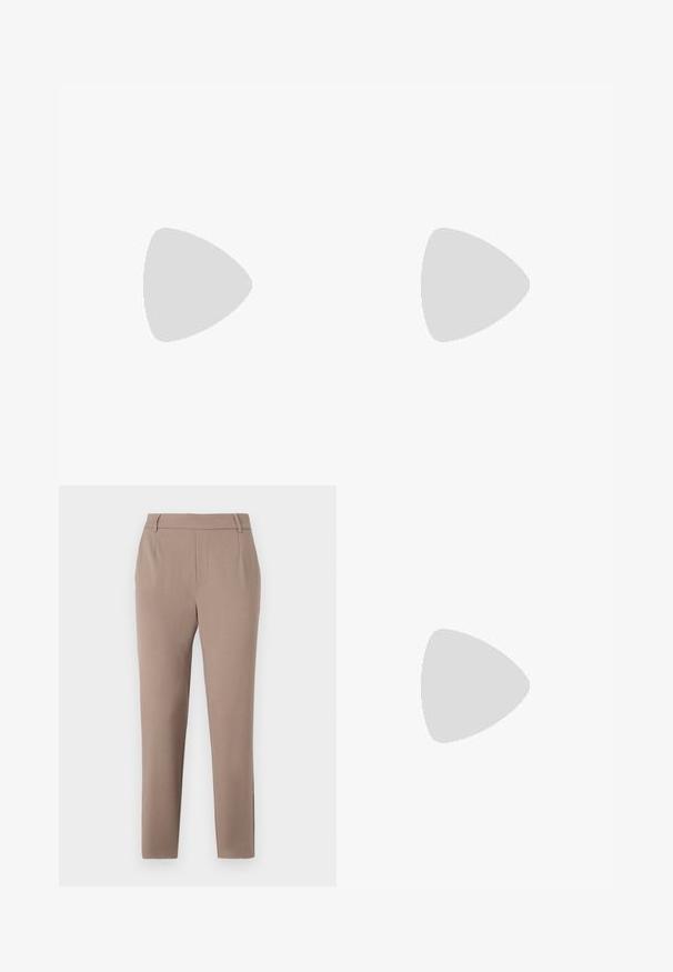 Gray long-sleeve top in soft, textured fabric. Features a fitted shape with a subtle ruching detail at the waist and a square neckline.; Tan tailored trousers with a slim fit, featuring a flat front, belt loops, and two side pockets; made from smooth, lightweight fabric.; Black leather pointy-toe pump with an ankle strap and a chunky heel. Flat texture, sleek design, and minimalistic aesthetics.; Black leather handbag with a curved shape, detachable strap, and gold hardware. The bag features a flap with a buckle detail.