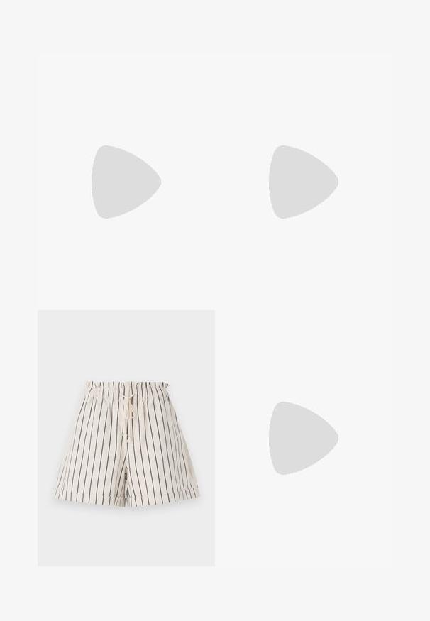 Black ribbed tank top with studded accents along the neckline. Sleeveless design, fitted silhouette, and made from a stretchy fabric.; Light beige shorts with navy vertical stripes, featuring an elastic waistband and drawstring, made from a soft, textured fabric.; Black leather slingback heeled shoe with a pointed toe and a chunky block heel. Features an adjustable strap with a metal buckle.; Even&Odd STRAW - Cross body bag - beige