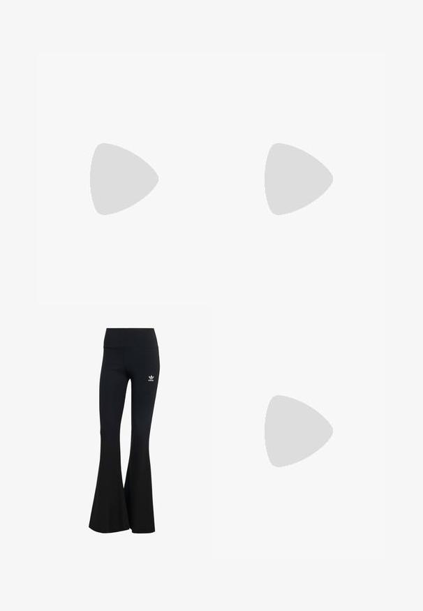 Black cropped long-sleeve top with a high collar and half-zip closure, featuring thumbholes in the sleeves and a smooth texture.; Black ribbed flared leggings with a wide waistband, featuring a small white Adidas logo on the upper left side. Soft fabric texture.; White pointed-toe slingback heels with a thin ankle strap. Smooth leather material, thin stiletto heel, and a black interior lining.; Black patent leather handbag with shiny silver chain handle, featuring decorative straps and metal grommets. Sleek, curved shape.