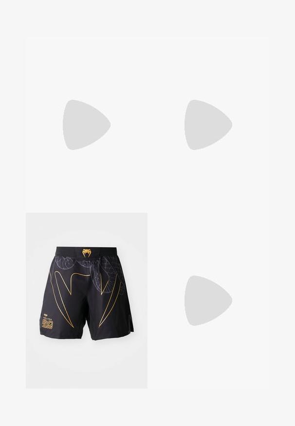 Czarny t-shirt z krótkim rękawem, zdobiony białym geometrycznym wzorem, obejmującym linie i tekst, z metką na dolnym lewym boku.; Czarne sportowe spodenki z projektem złotych kłów węża, wzorami liści oraz złotą głową węża na pasku w talii na białym tle.; Wysoki but sportowy z czarną siateczką i materiałami syntetycznymi, teksturowanymi akcentami, czerwoną gumową podeszwą i złotymi detalami na kostce.; Czarne rękawice bokserskie z złotymi akcentami i logo "VENUM". Sportowiec ma na sobie czarną koszulkę bez rękawów, eksponującą umięśnioną sylwetkę.