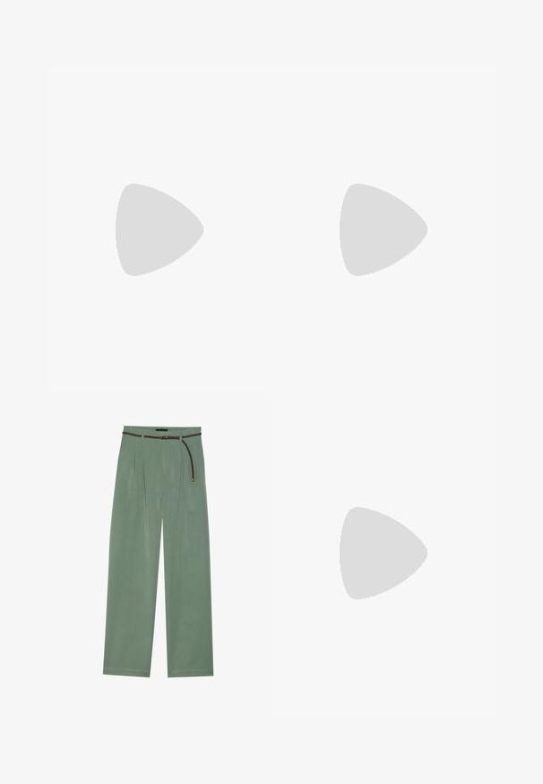 Green and cream floral-patterned cotton top with ruffled shoulder straps and gathered neckline, showcasing a loose, relaxed shape.; Light green wide-leg trousers with front pleats and a braided brown belt. Made from smooth fabric with a tailored fit and clean hem.; Black platform shoes feature a white furry trim, rounded toe, and strap with a metal button. Worn with black pants on a wooden floor.; Navy suede handbag with a slouchy design, wide shoulder straps, and visible stitching detail on the body.