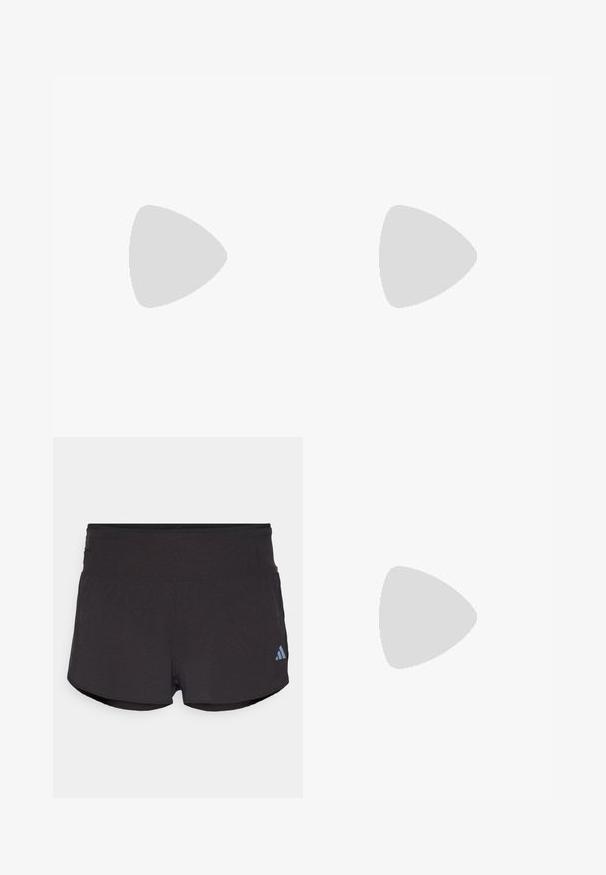 Lilla langærmet sports T-shirt lavet af tekstureret stof. Har tre hvide striber på hver ærme og en rund hals med en sort logo detalje.; Sorte træningsshorts med en tekstureret overflade, der har en bred elastisk talje og et Adidas-logo i lyseblå på nederste venstre side.; Løbesko med en hvid og pink overdel, der har en mesh-struktur, reflekterende detaljer og en polstret sål. Letvægtsdesign til høj præstation.; Hvide plast solbriller med store ovale linser, gråtonede. Har sorte øre greb og et lille logo på rammen. Glat overflade.