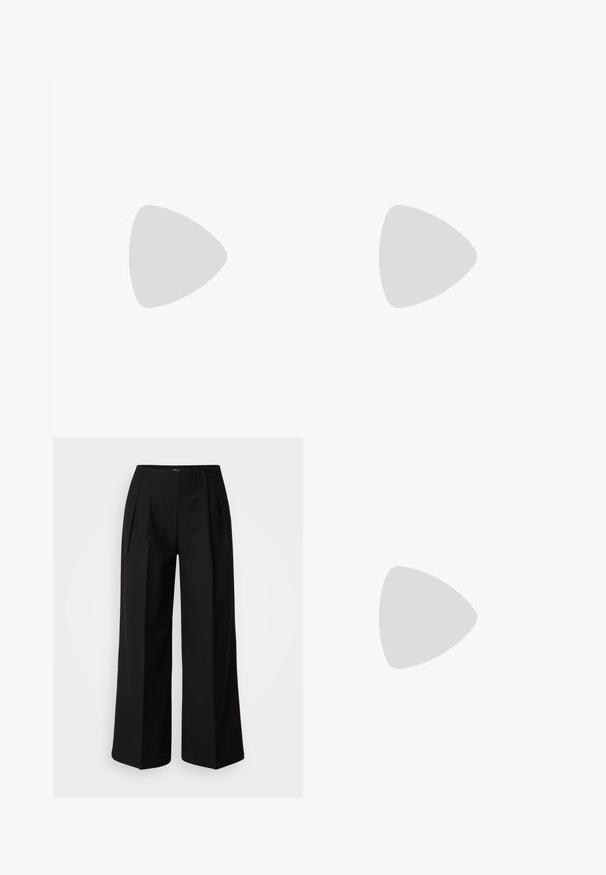 Black sleeveless top with a deep V-neck, featuring ruffled edges and a textured fabric. Accentuates a flowing silhouette.; Black wide-leg trousers with a high waist, featuring pleats and two front buttons. Made of smooth fabric, designed for a tailored look.; Black leather slingback shoes with a pointed toe, flat heel, and ankle strap; worn with light blue wide-leg jeans.; Gray wool scarf with a soft texture, featuring fringed edges and a simple design. Folded neatly, showcasing its elongated shape.