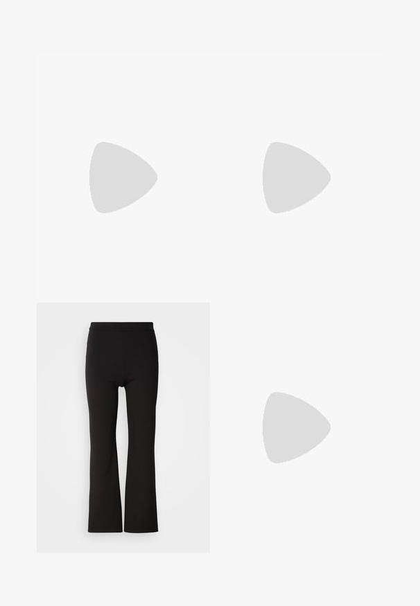 Top senza maniche nero realizzato in tessuto elasticizzato, con un logo ricamato viola centrato sul petto. Collo tondo e design aderente.; Pantaloni neri a zampa d'elefante realizzati in un tessuto liscio e elasticizzato. Vita alta, aderenti sui fianchi e più larghi dalla ginocchia in giù.; Tacchi slingback in pelle nera con punta affusolata, caratterizzati da un tacco alto e un accento dorato sulla cinghia regolabile. Texture liscia.; Borsa a mano in pelle nera con un design strutturato, caratterizzata da una forma corta, manico superiore e accessori in metallo dorato. Inclusa tracolla regolabile.