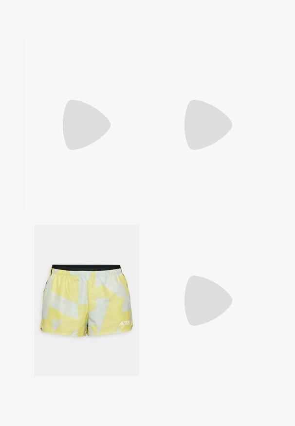 T-shirt bianca cropped in cotone con una texture liscia, caratterizzata da un collo rotondo e maniche corte. Logo "BORG" in ricamo discreto.; Shorts sportivi gialli e verde chiaro con motivo geometrico, vita elastica, spacco laterale e dettaglio del logo all'orlo.; Scarpa da corsa nera con tomaia in Gore-Tex, accenti rosa, suola testurizzata e branding distintivo. Design leggero per prestazioni all'aperto.; Occhiali da sole sportivi con montatura in plastica nera e lenti grigie oscurate. Presentano un design angolare e fori sulla montatura per la ventilazione.