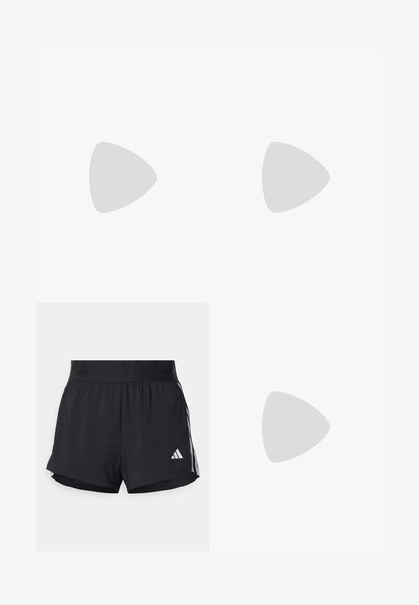 Lyseblå træningsskjorte med korte ærmer, lynlås foran og hvide skulderstriber. Lavet af et glat, strækbart stof til aktiv brug.; Sorte sport shorts med elastisk talje, der har et tekstureret bånd, sidestreger og et hvidt Adidas-logo på den nederste kant.; Hvid atletisk sko med blå striber, struktureret overdel, flad sål og "LIGHTSTRIKE PRO" branding på siden. Lavprofil design.; Blåtonede solbriller med wraparound-design, der hviler på et tekstureret sortetui med en metallisk logoaccent.