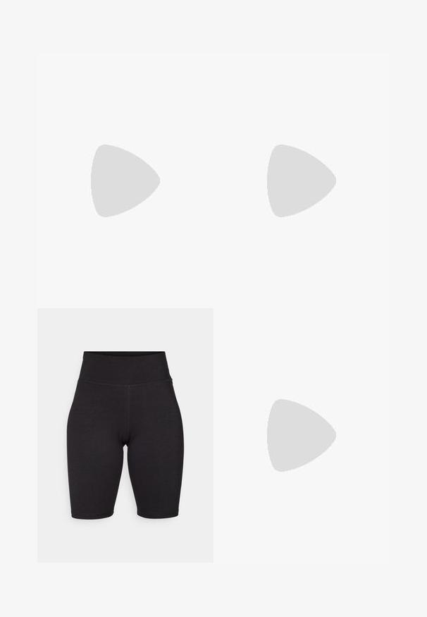 Grå ribbad cropped topp med rundad halsringning och ett åtsittande band vid fållen. Tillverkad av ett elastiskt material för komfort och rörelsefrihet.; Svarta cykelshorts i stretchigt material. Hög midja, slät yta, knälängd med sömmar på framsidan och baksidan för struktur.; Svarta läderstövlar som går upp till knäna med spetsig tå, rak skaft och avsmalnande hög klack. Slät yta med minimal detaljering.; Överdimensionerade svarta solglasögon med en tjock ram, vinklad design och gradient mörka linser; bärs med en svart ärmlös topp.; Svart läderhandväska med hotstansat ö-mönster, strukturerad form, dubbla handtag på toppen och metalliska ö-formade hårdvaruaccenter.