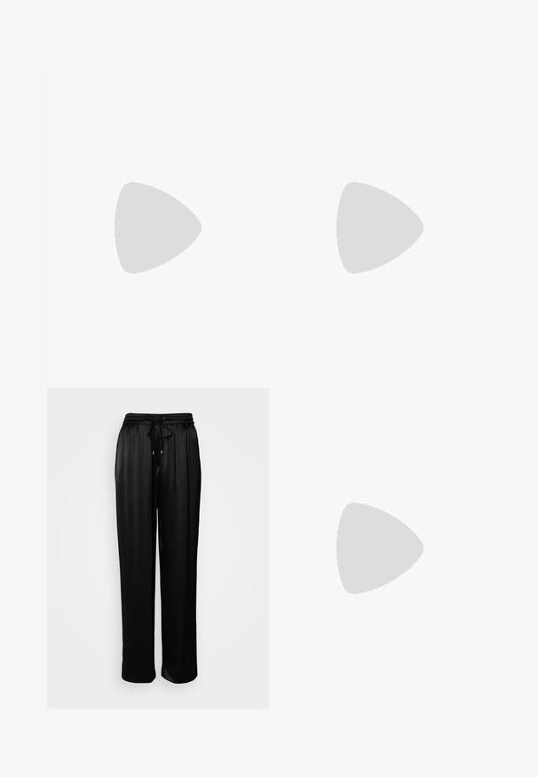 Black ribbed tank top with a rounded neckline and embossed "BOSS" logo. Features contrasting orange stitching at the neck. Soft fabric texture.; Black, relaxed-fit trousers with an elastic waistband and drawstring, displayed against a plain white background.; Black leather ankle boot with pointed toe, elastic side panels with vertical grooves, and a low block heel. Smooth texture and sleek design.; Silver hoop earrings with a smooth, polished finish. Round shape and secure click-top closure. Lightweight design suitable for everyday wear.