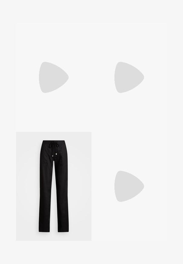 Long-sleeved bodysuit in a marble print, featuring a deep scoop neckline, textured fabric, and vibrant black, gray, and blush colors.; Black linen pants with a straight leg design, featuring a drawstring waist and two side pockets. Smooth texture with a minimalist aesthetic.; Black flat sandals with multiple straps, featuring gold hardware and a smooth texture. Low-profile design with a cushioned sole.; Black double-breasted blazer with matching trousers. Smooth fabric, structured design, and a fitted silhouette. Holds a small black handbag.