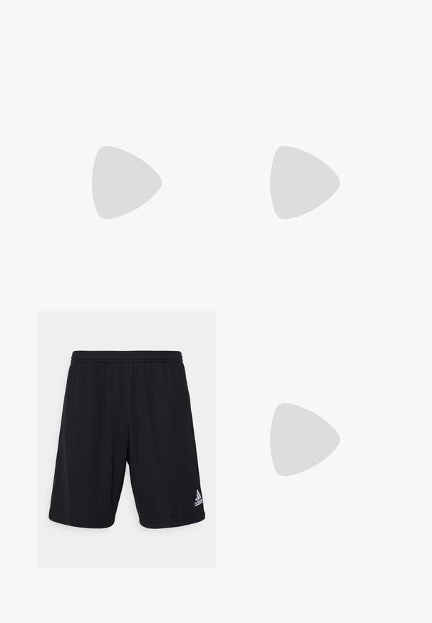 Sort atletisk t-shirt med korte ærmer, udstyret med hvide sidelister og Adidas-logo. Lavet af glat, fugtabsorberende materiale.; Sorte atletiske shorts lavet af et let og åndbart stof. Har en elastisk talje og et sølvfarvet Adidas-logo på den nedre højre side.; Hvid sportsko med sorte stribede detaljer, mesh-overdel, polstret sål og gummisål. Designet til komfort og støtte i sport.; Sports solbriller med en sort ramme, overdimensionerede orange linser og karakteristiske grønne mønstrede stænger. Letvægtsdesign til udendørs brug.