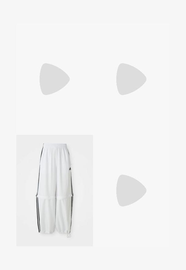 Valkoinen puuvillapaita lyhyillä hihoilla, ylisuuri malli, jossa on pieni monivärinen logo vasemmassa rintakehässä. Silkkinen tekstuuri.; Valkoiset urheiluhaalarit, joissa on rento istuvuus, elastinen vyötärö ja mustat sivupinnat. Varustettu vetoketjullisilla taskuilla ja elastisilla lahkeensuilla.; Valkoiset tennarit ruskeilla raidoilla, jotka on yhdistetty ruskeisiin housuihin sinisellä matolla.; Metalliset aurinkolasit, joissa on pitkänomaiset vihreät linssit, kapea hopeakehys ja mustat templetipit. Varustettu pienillä nenätukilla mukavuutta varten.; Valkoinen kangaskassi, jossa on kerrostettu pinta, säädettävä olkahihna ja hopeiset yksityiskohdat. Esillä kermaisen värisen mekon vieressä.