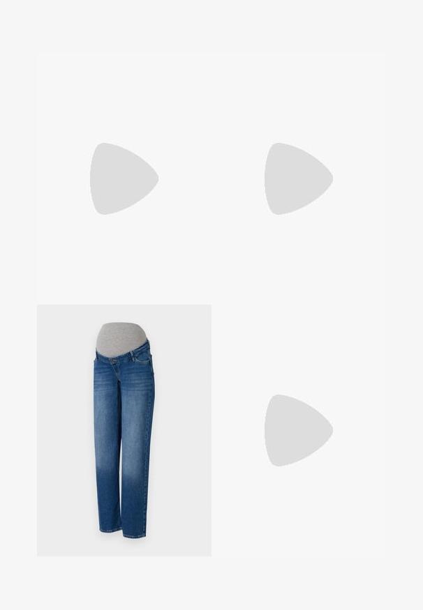 Tre T-skjorter: en ensfarget svart, en hvit og en med svart-hvite striper. Alle har kortermede og V-hals-design.; Graviditetsjeans i mørkeblå denim med tapered passform, elastisk grå midje, frontlommer og en falmet finish i kanten.; Hvite sneakers med en glatt syntetisk overdel, perforert tåboks, flate snørebånd og en teksturert såle, vist på en treflate.; Brun kunstlæder skuldertaske med buet form, minimal syning og detaljer i guld-tonet hardware. Har en top lynlås lukning og justerbar rem.