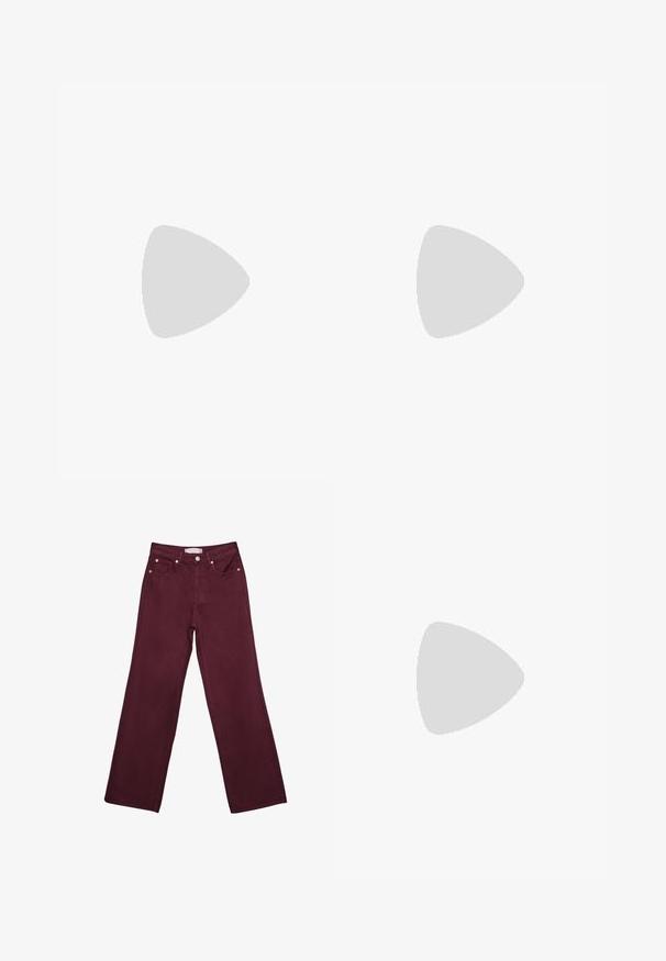 White cropped tank top with a round neckline featuring a black logo. Paired with a high-waisted black skirt. Simple and fitted design.; Burgundy high-waisted jeans with straight leg design, featuring front pockets, a button closure, and copper-tone hardware accents.; Black slide sandal with two gold buckle accents, smooth textured material, flat sole, and a minimalist design.; Black patent leather handbag with a curved shape, one shoulder strap, front pockets, and silver-tone hardware accents.