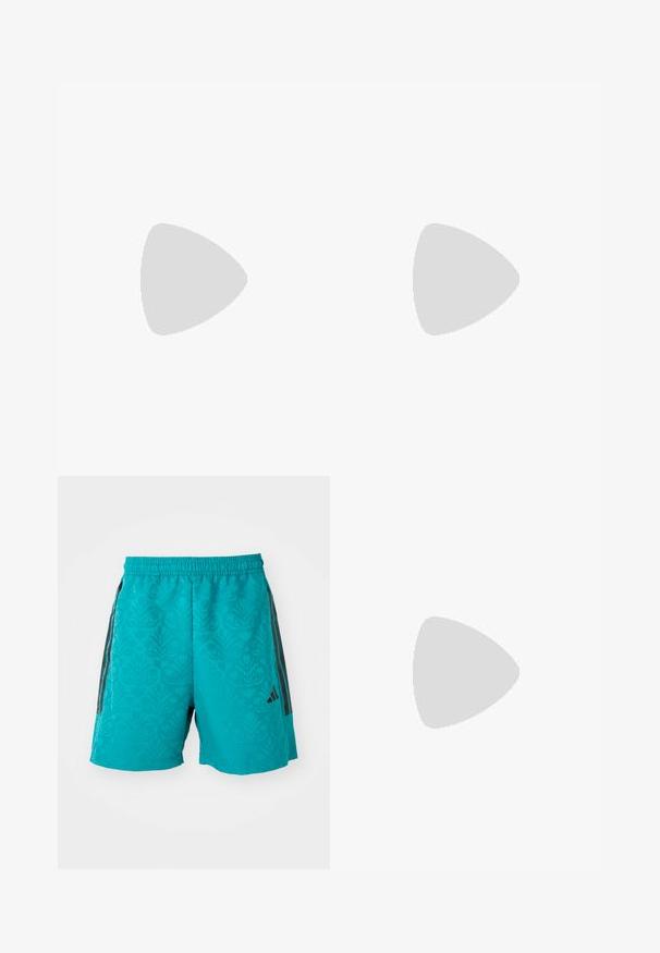 Svetlomodrý športový tank top s textúrovaným sieťovaným vzorom, ktorý má čierne diagonálne pruhy a biele logo v hornom ľavom rohu.; adidas Sportswear TIRO  - Športové šortky - pure teal/black; Ľahké bežecké topánky v svetlomodrej farbe s čiernymi pruhmi. Majú hladký zvršok, okrúle špičky a hrubú bielu medzipodrážku označenú "LIGHTSTRIKE PRO."; Slnko okuliare s priesvitným šedým rámom, tónovanými šošovkami a ostrým dizajnom. Majú charakteristický nosník a štruktúrované tmavosivé bočné ramená.