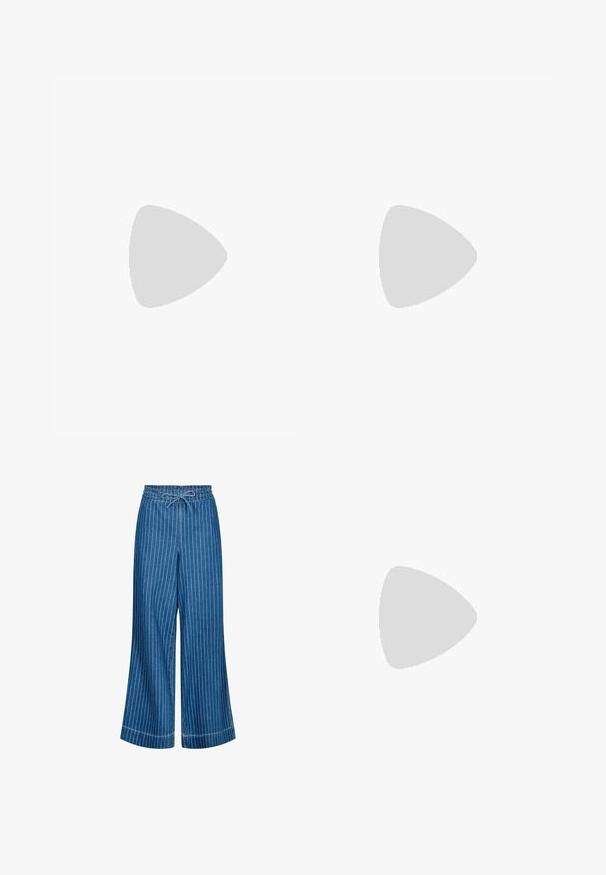 Chemise à manches courtes avec un décolleté en ronde, fabriquée en tissu léger. Présente un fond blanc avec des formes et des motifs abstraits rouges et roses.; Pantalons larges en denim bleu avec des rayures verticales blanches. Comprend une taille avec cordon de serrage et une texture lisse. Coutures décoratives visibles.; Chaussures de course blanches avec des accents gris, dotées d'un dessus texturé, de perforations pour la ventilation et d'un talon segmenté pour l'amortissement.; Sac hobo en cuir vert au design décontracté, avec une poignée incurvée et une texture lisse. Ne contient aucun matériel ou accent visible.; Boucles d'oreilles en argent en forme de hoop, avec une surface lisse et polie et une forme circulaire mince. Le design comprend un fermoir sécurisé.