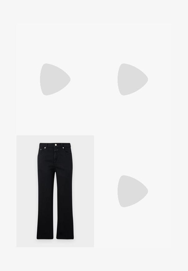Denim top in light blue with an asymmetric design. Features a gathered side with ties and a single shoulder strap for secure fit.; Black jeans with a straight leg design, five-pocket style, metal hardware, and a soft denim texture. Minimalist and uniform in color.; Black leather ballet flats with a pointed toe and a side strap featuring a circular gold accent. Lightweight with a flat sole.; Stuart Weitzman POSH SHOULDER BAG - Cross body bag - black