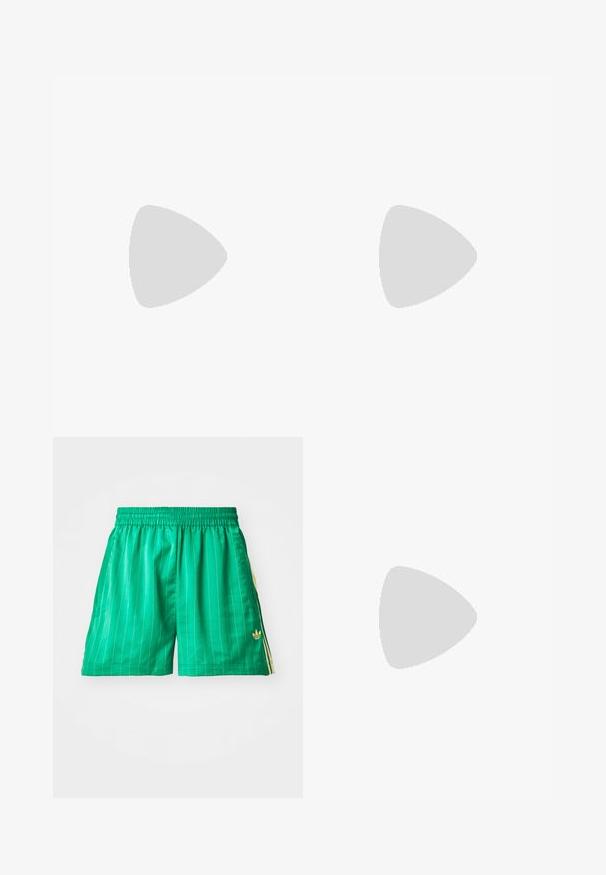 Green tank top with yellow accents, made of stretchy material. Features large yellow "adidas" logo across the front and thin straps.; Green sports shorts with white vertical stripes, elastic waistband, and yellow side accents. Features a small gold logo on the lower left.; Green suede sneakers with white stripes. Featuring round laces, a textured tongue, and a circular logo on the tongue.; Tortoiseshell eyeglasses with oval frames, clear lenses, and gold accents. Features curved temples and a smooth, glossy finish.