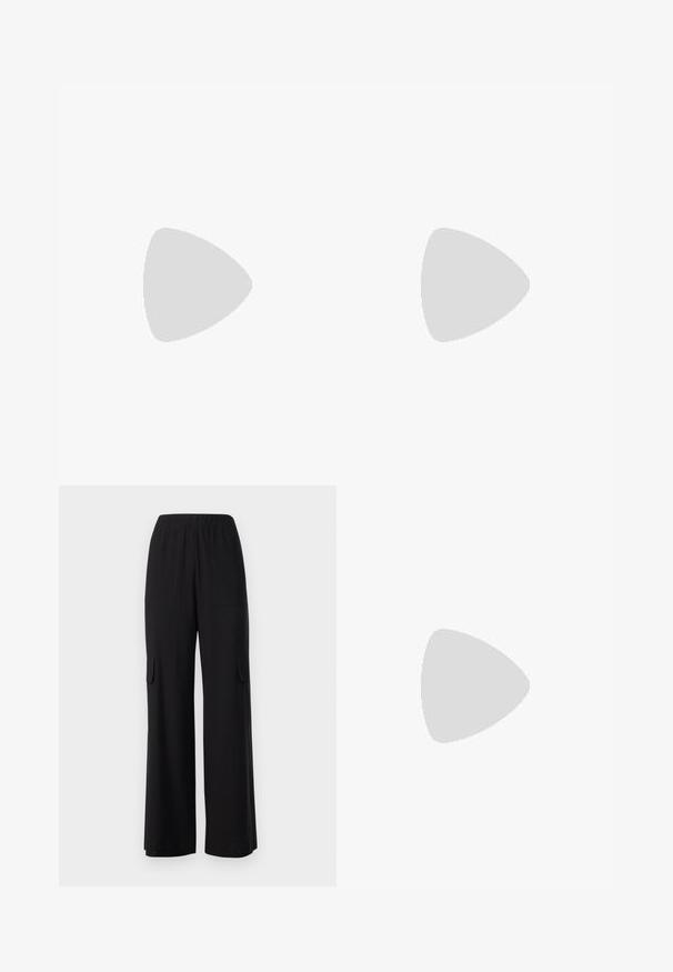 Crna majica bez rukava s rebrastom teksturom, okruglim izrezom, prilagođenim oblikom i glatkom završnom obradom. Lagana pletenina.; Crne široke hlače od lagane tkanine, s elastičnim pojasom, dva prednja džepa i dva bočna džepa u stilu cargo.; Tenisice s kombinacijom krem, tamnoplave i sueded materijala, s čipkastim dizajnom, dijagonalnim šavovima i gumenom potplatom s protukliznom površinom.; Crna torbica od umjetne kože s teksturiranim završetkom, koja sadrži perlicu srebrnu detalj duž gornje ručke i lančanu naramenicu.